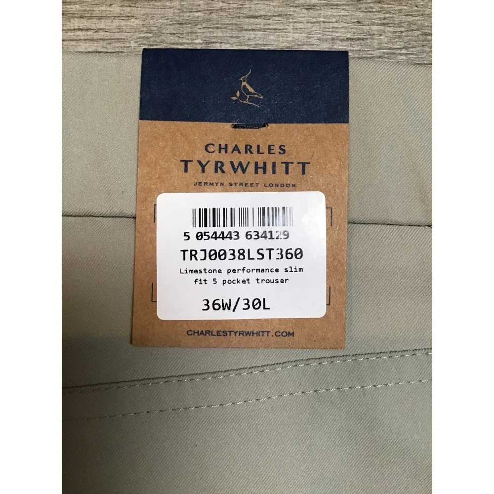 Charles Tyrwhitt Men's Limestone Performance Slim 5 Pocket Trouser Size 36W NWT